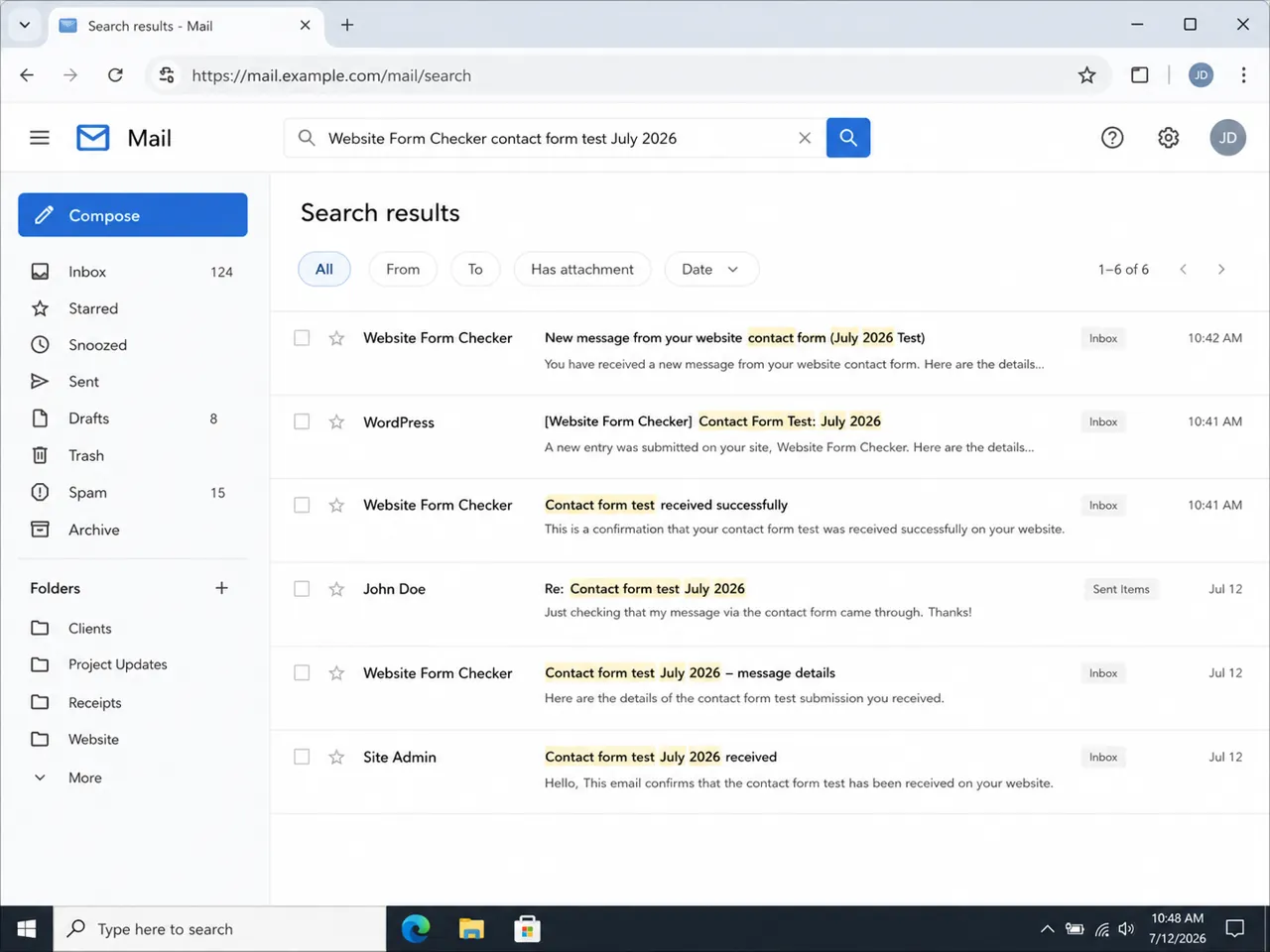 Email inbox search results for a WordPress contact form test phrase