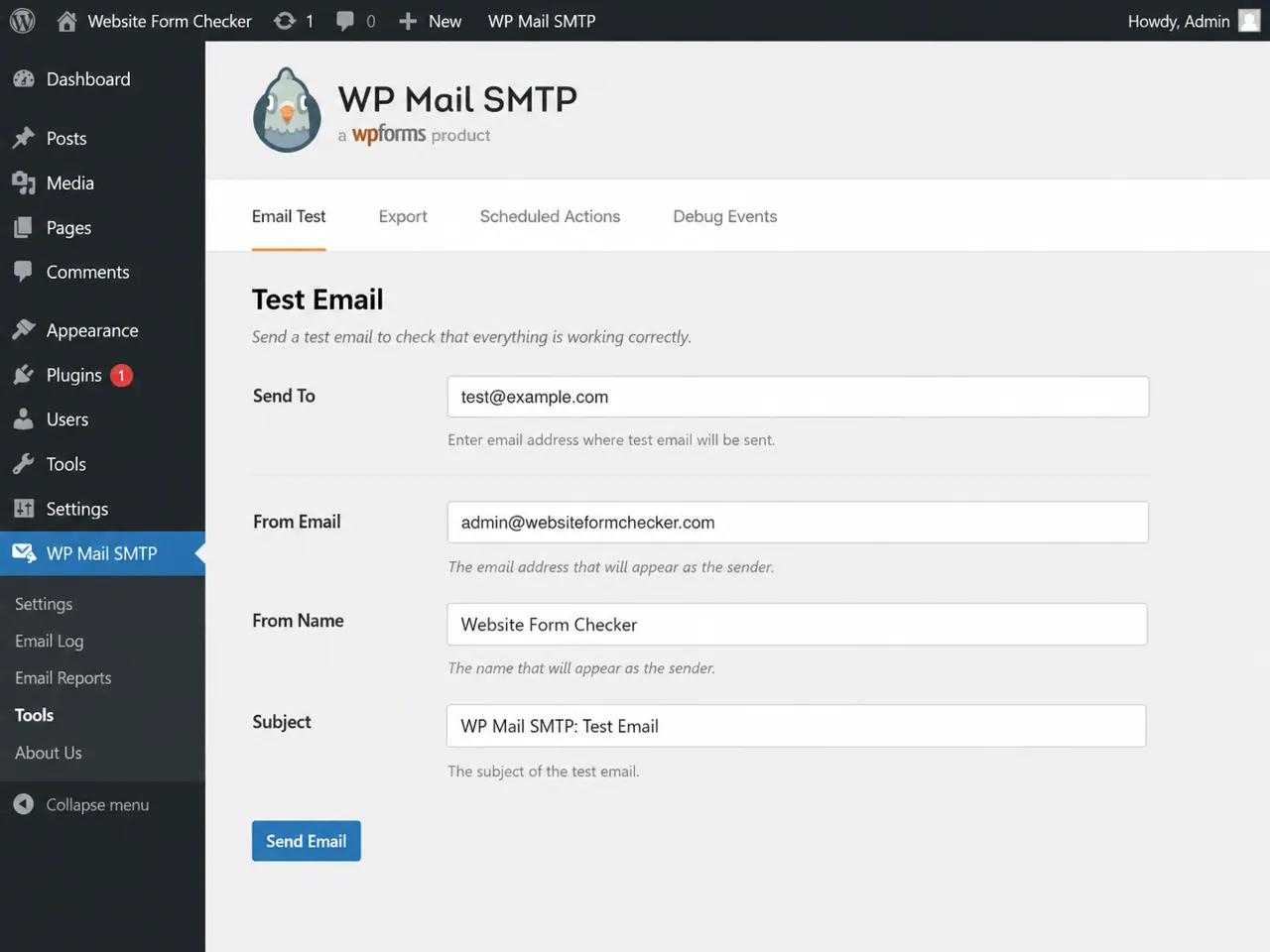 SMTP plugin test email screen with the recipient email field visible