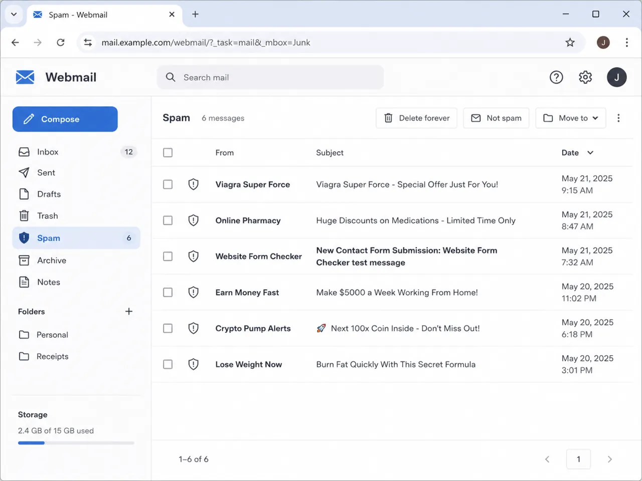 Spam folder showing a WordPress contact form notification email caught by spam filtering
