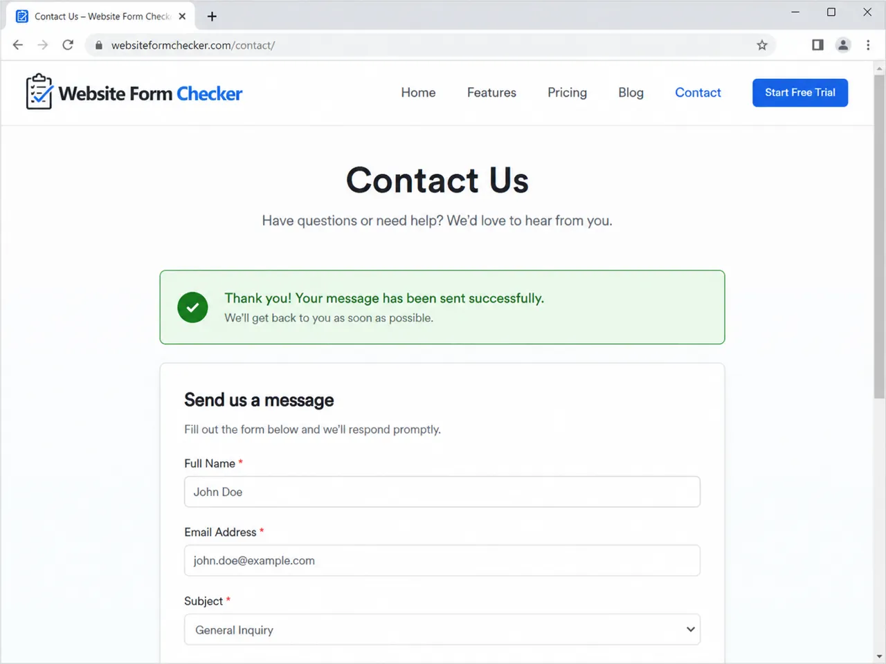 WordPress contact form showing a successful submission confirmation message