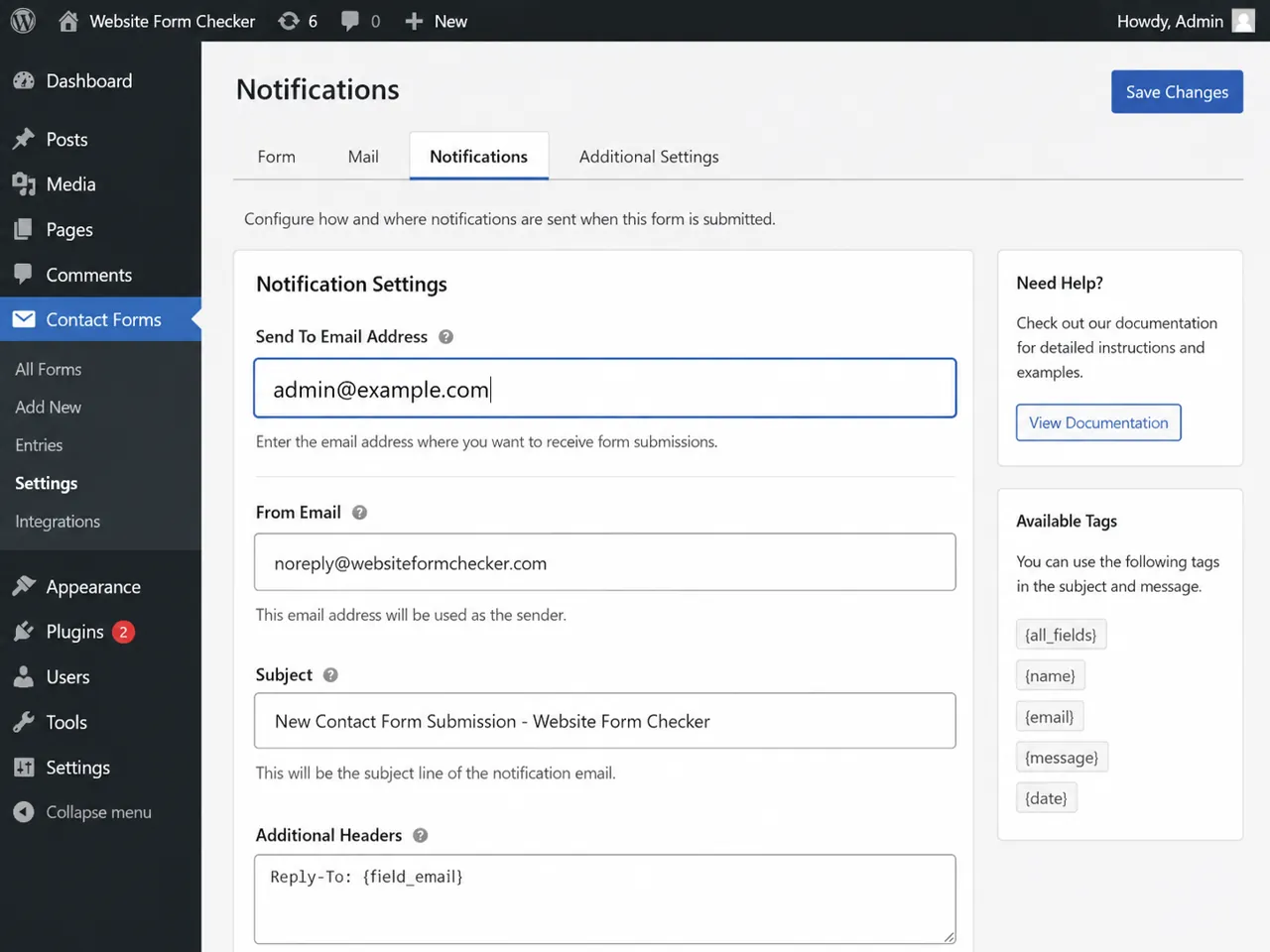 WordPress form plugin notification settings showing the Send To Email field