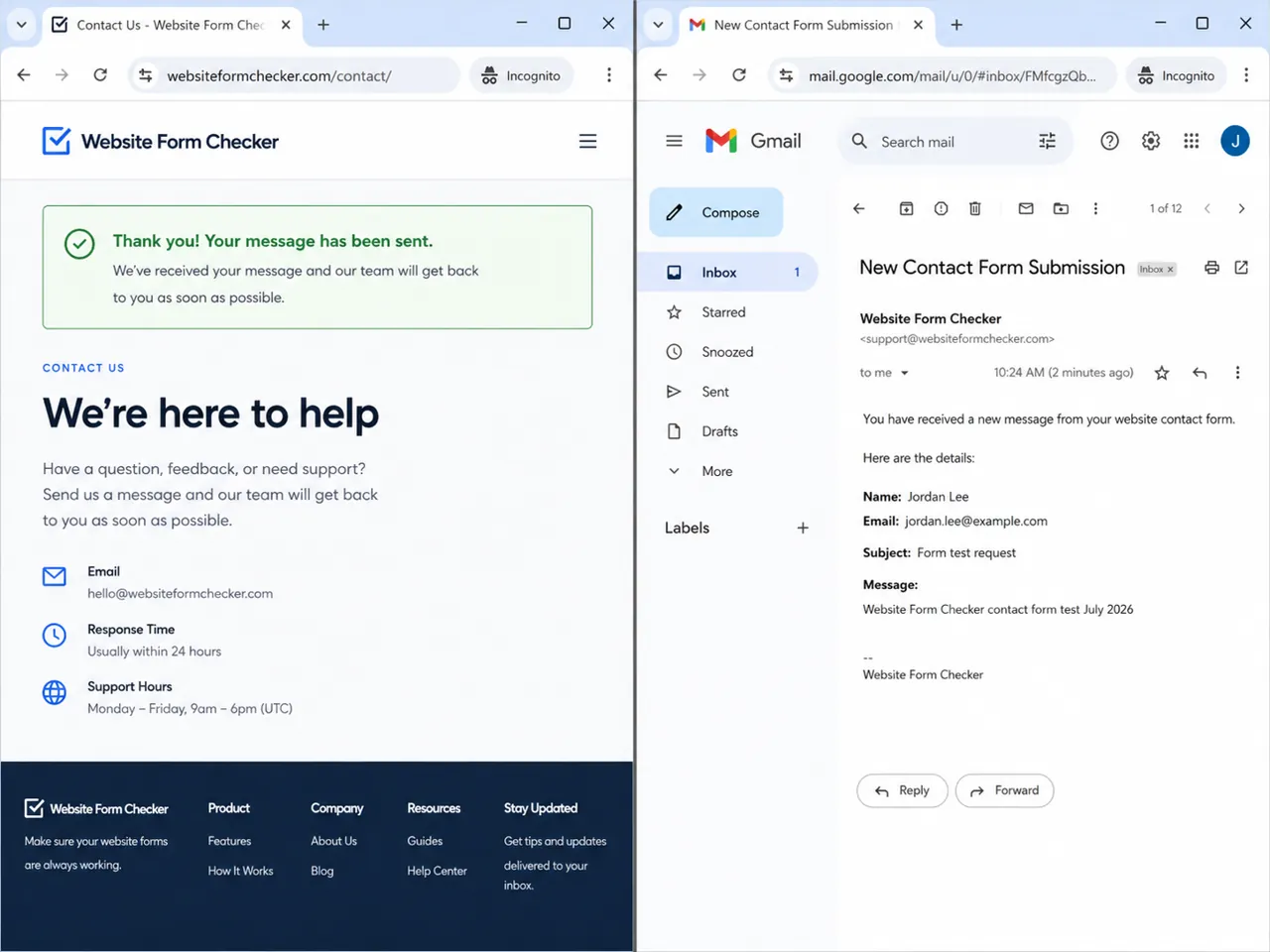 End-to-end WordPress contact form test showing the submitted form and received email side by side.