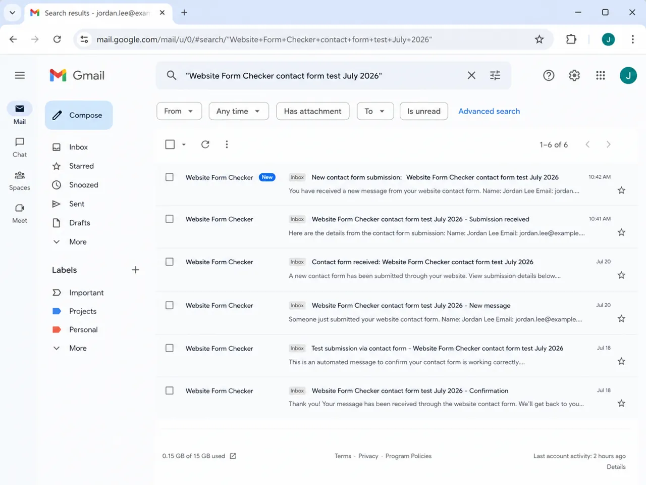 Inbox search results for the exact WordPress contact form test phrase.