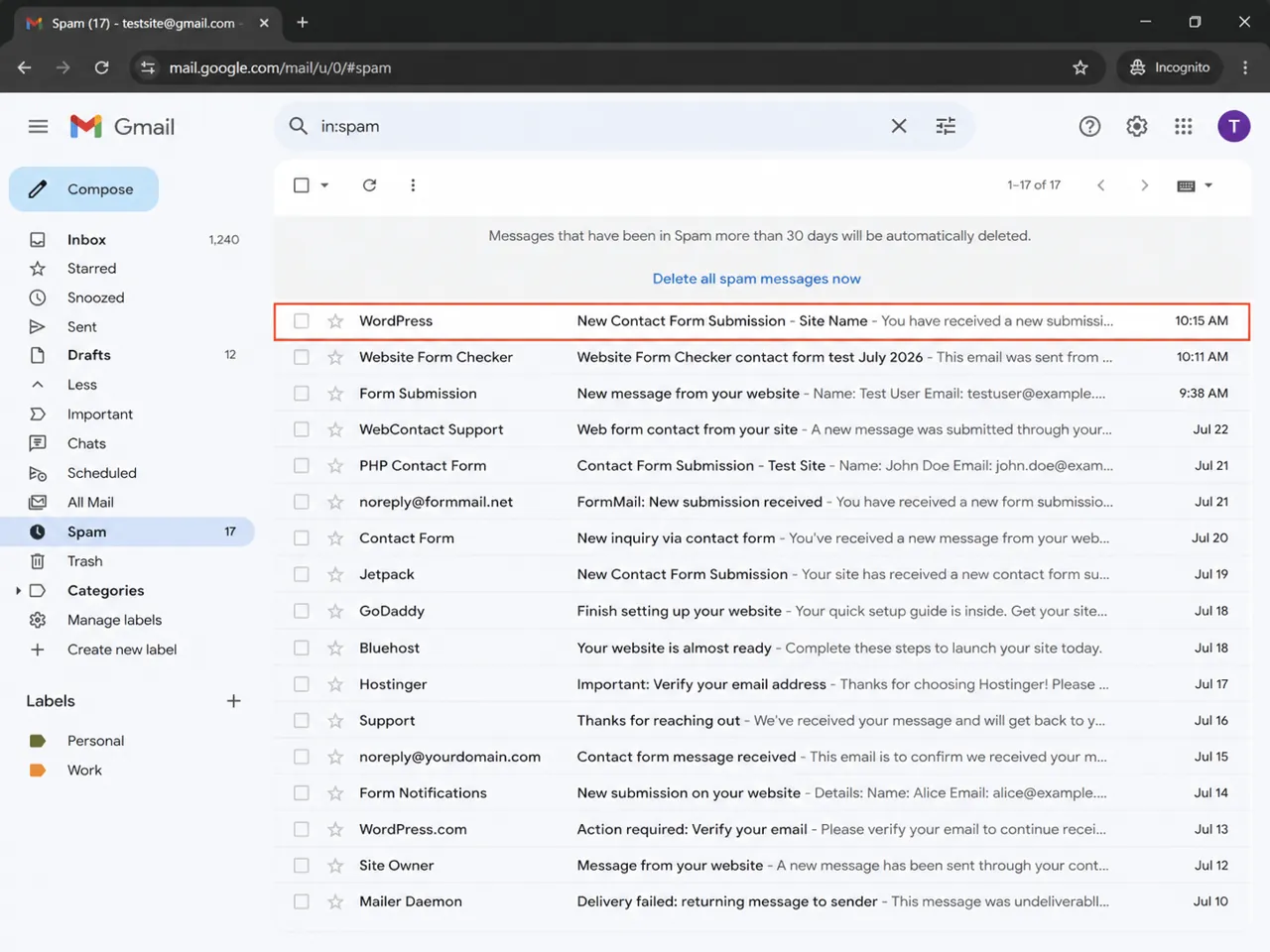 Spam folder showing WordPress contact form notification emails filtered as junk.