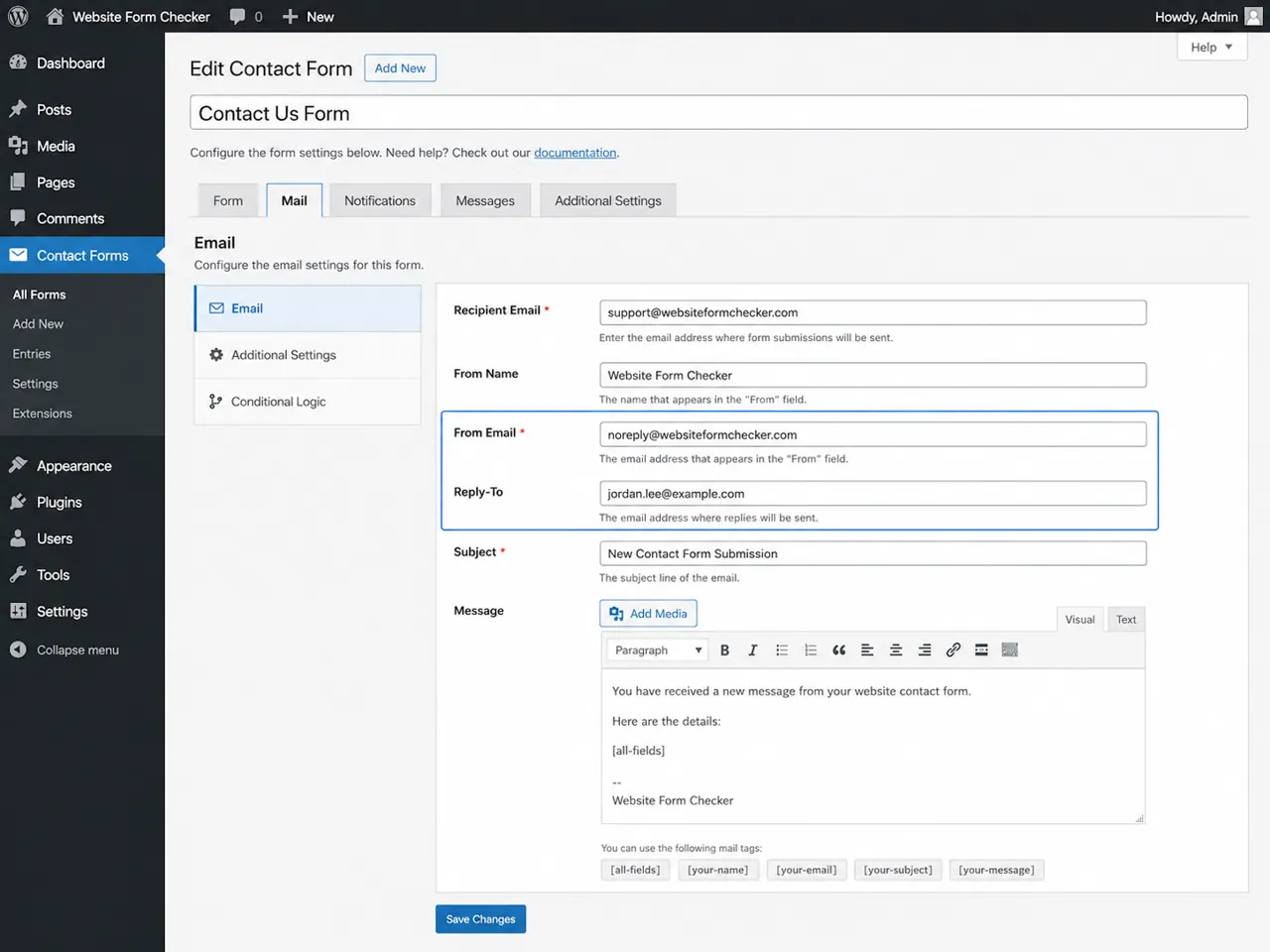 WordPress contact form email settings showing From Email and Reply-To fields.