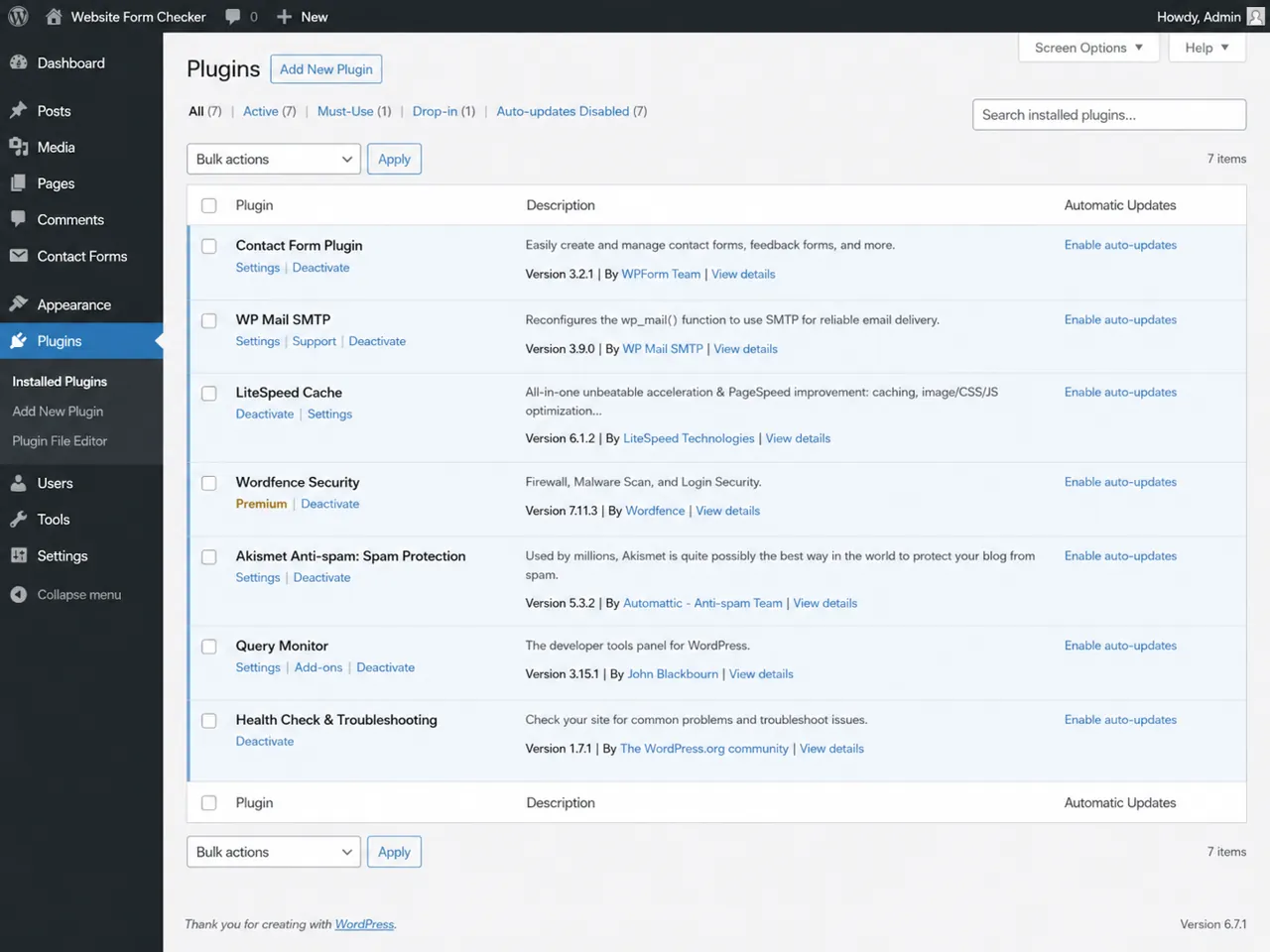 WordPress plugins screen showing form, SMTP, caching, security, and anti-spam plugins.