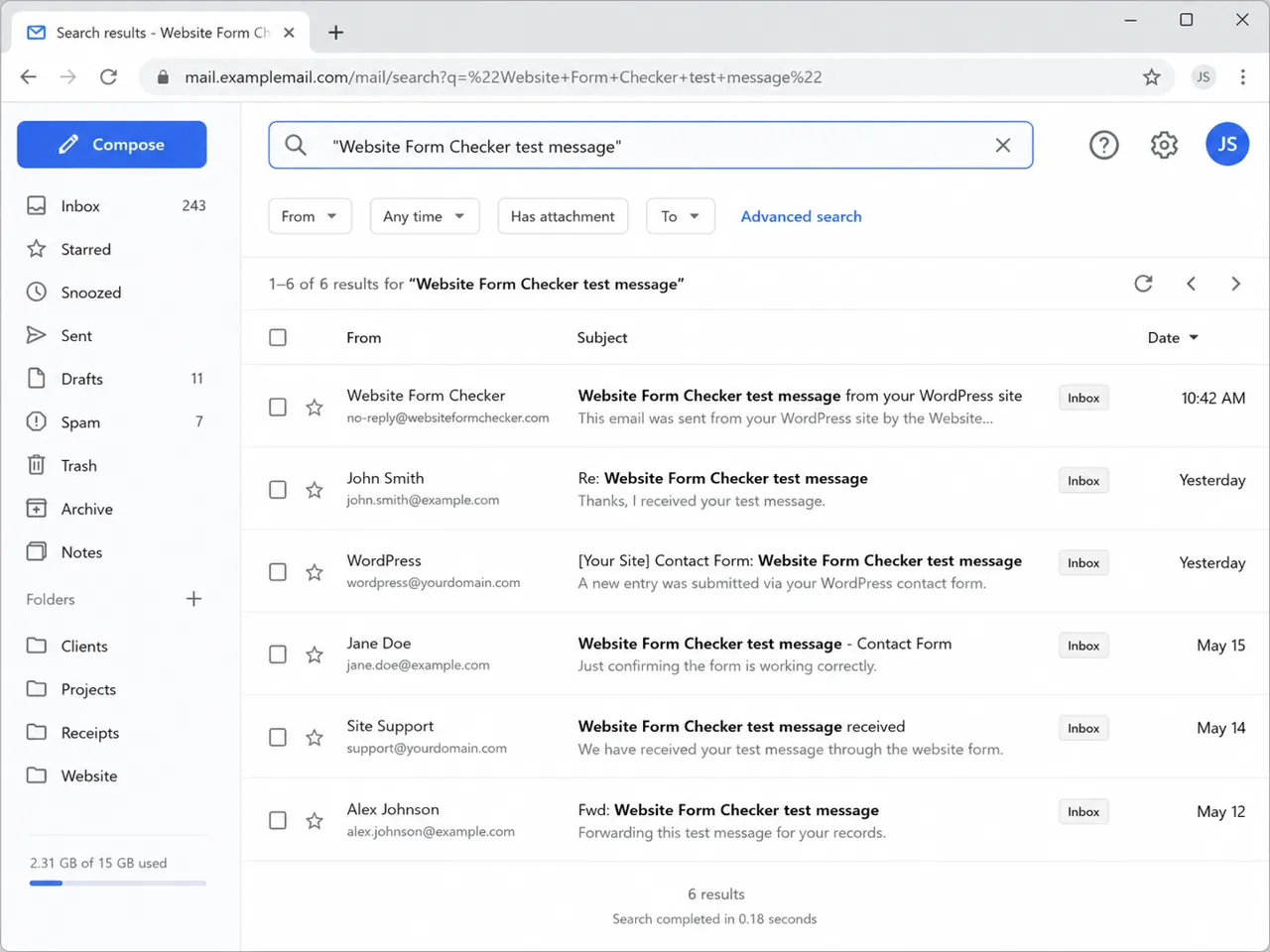 Email inbox search results for a WordPress test message phrase
