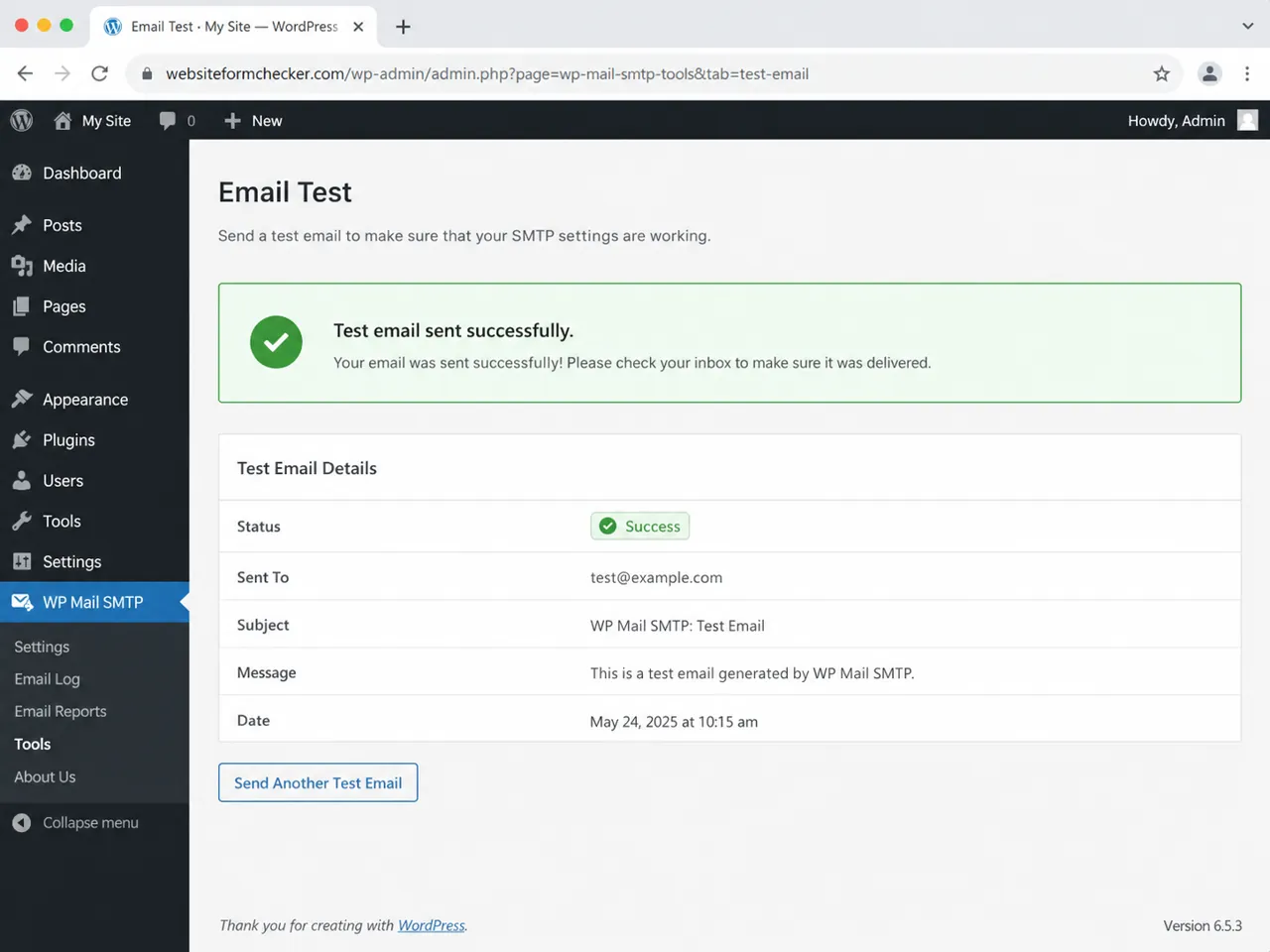 SMTP plugin test email result showing a successful test email