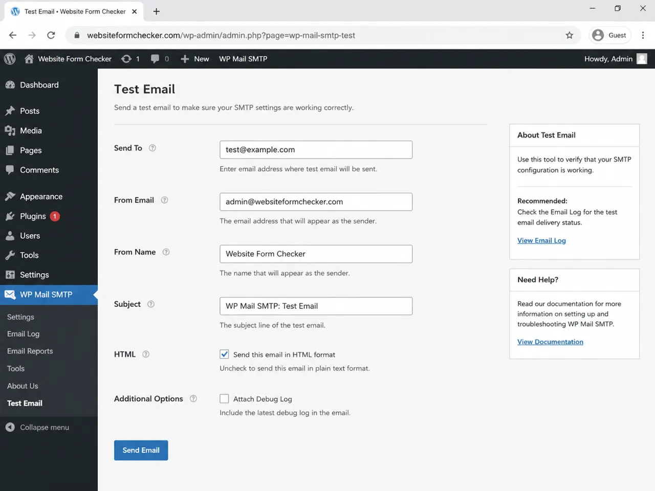 SMTP plugin test email screen with the recipient email field visible