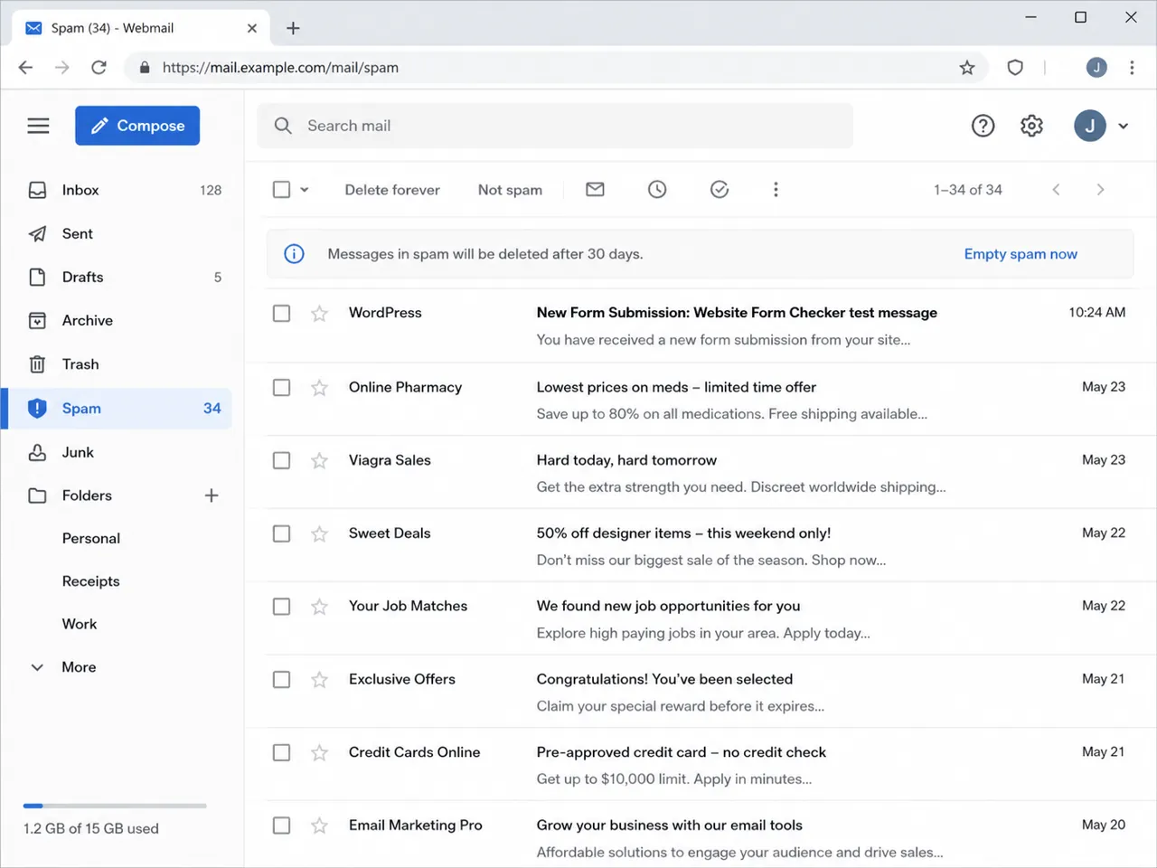 Spam folder showing a WordPress form notification email caught by spam filtering