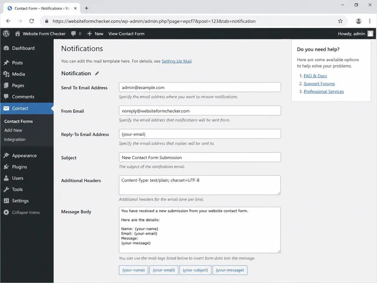 WordPress form notification settings showing the Send To Email field
