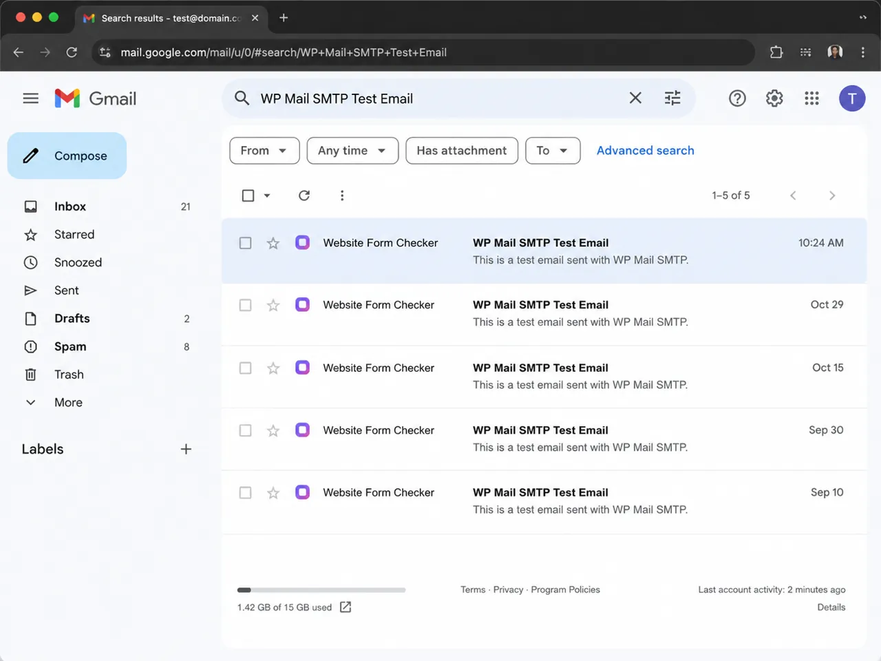 Gmail search results for the WP Mail SMTP Test Email subject.