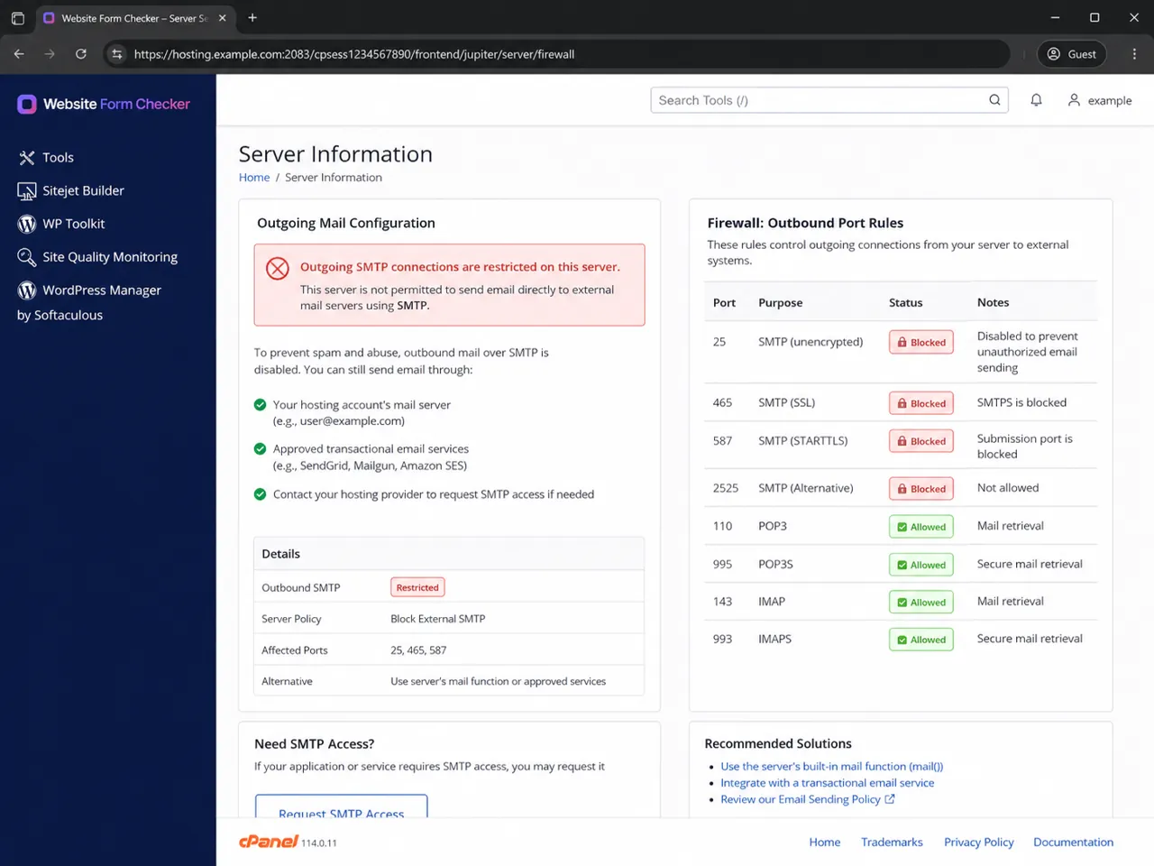 Hosting control panel showing outgoing SMTP port restrictions.