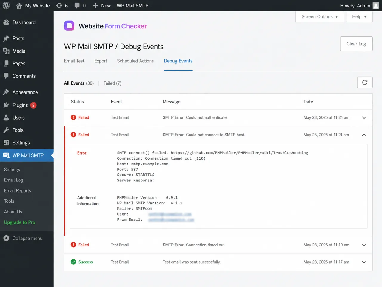 WP Mail SMTP Debug Events screen showing an expanded failed SMTP event.