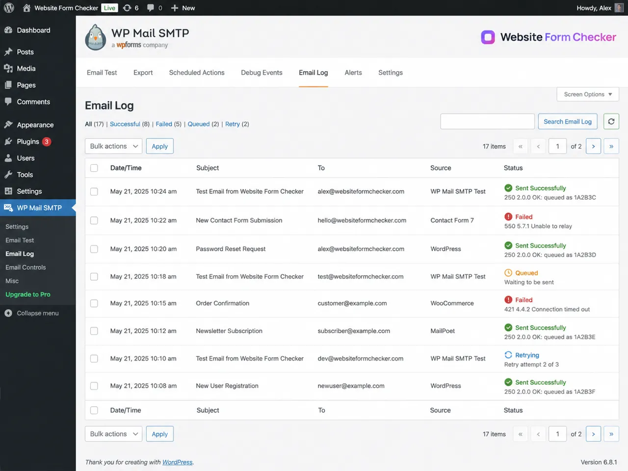 WP Mail SMTP email log showing failed, queued, retrying, and successful email attempts.