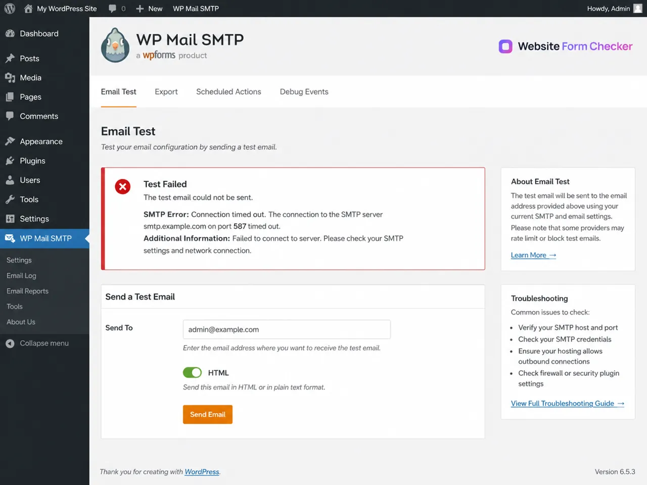 WP Mail SMTP Email Test screen showing a failed SMTP test result.