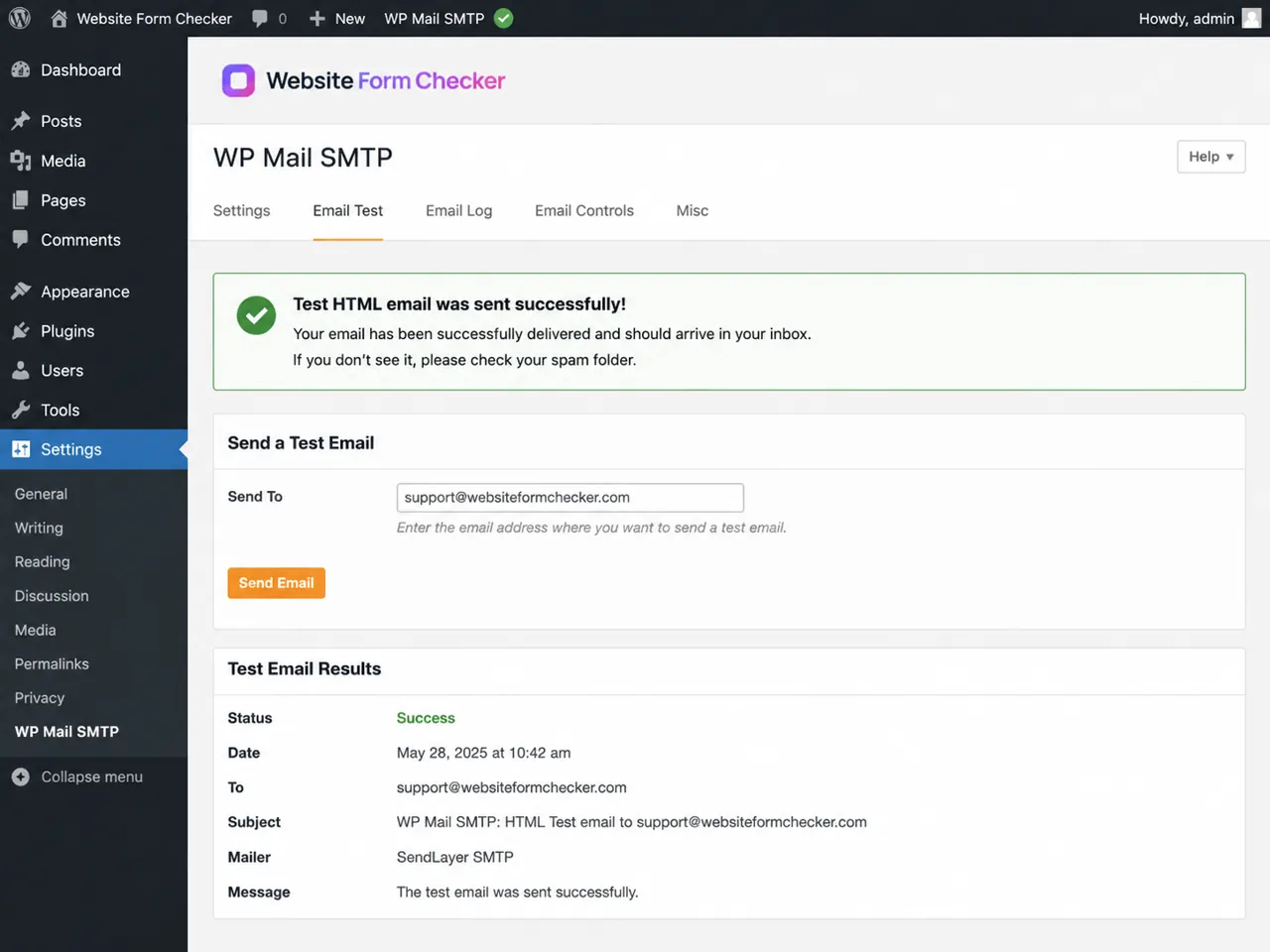 WP Mail SMTP Email Test screen showing a successful test result.