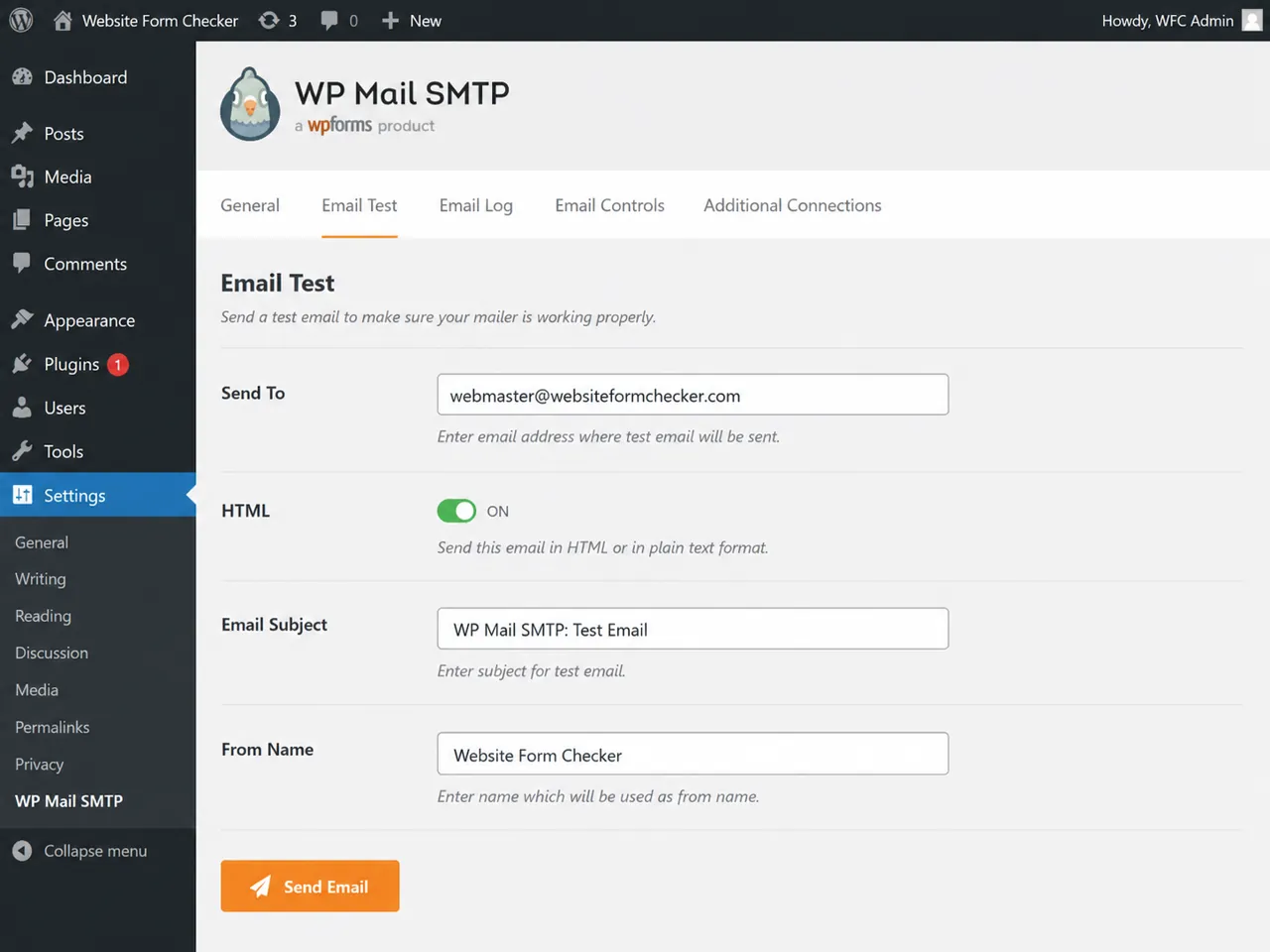 WP Mail SMTP Email Test screen with the Send To field ready for a test message.