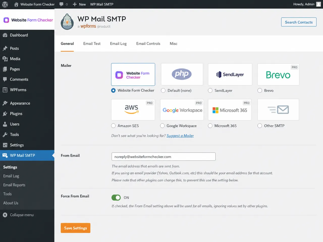 WP Mail SMTP General settings showing the selected mailer and From Email field.