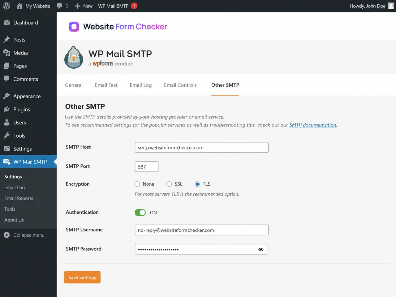 WP Mail SMTP Other SMTP settings showing host, port, encryption, authentication, username, and password fields.
