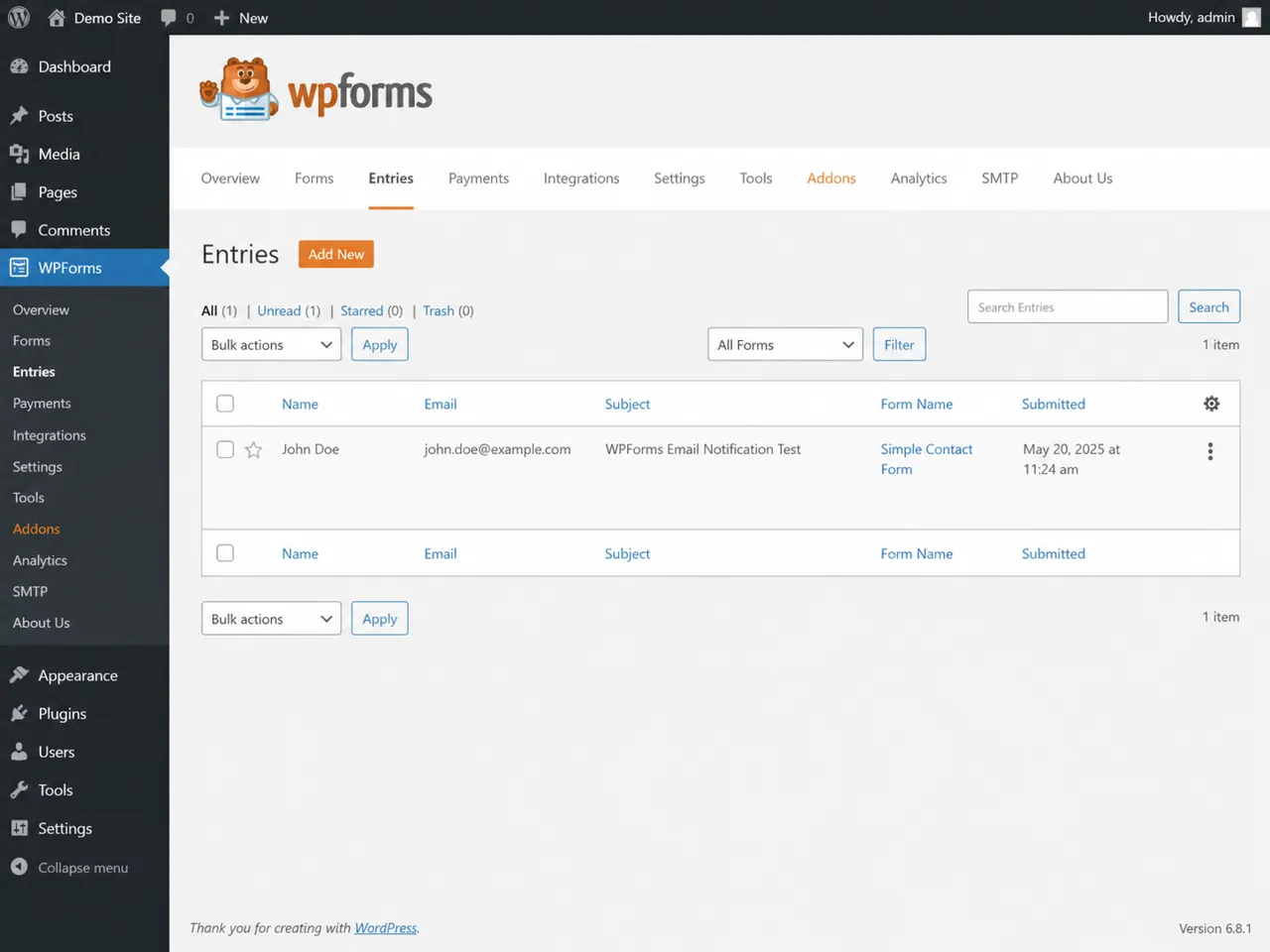 WPForms entry list showing a recent test submission
