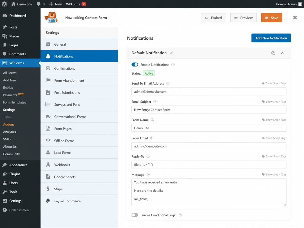 WPForms notification settings enabled