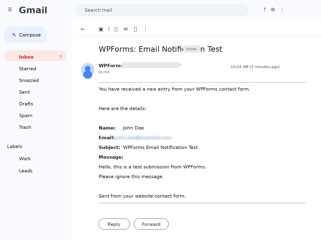 WPForms test email received in inbox