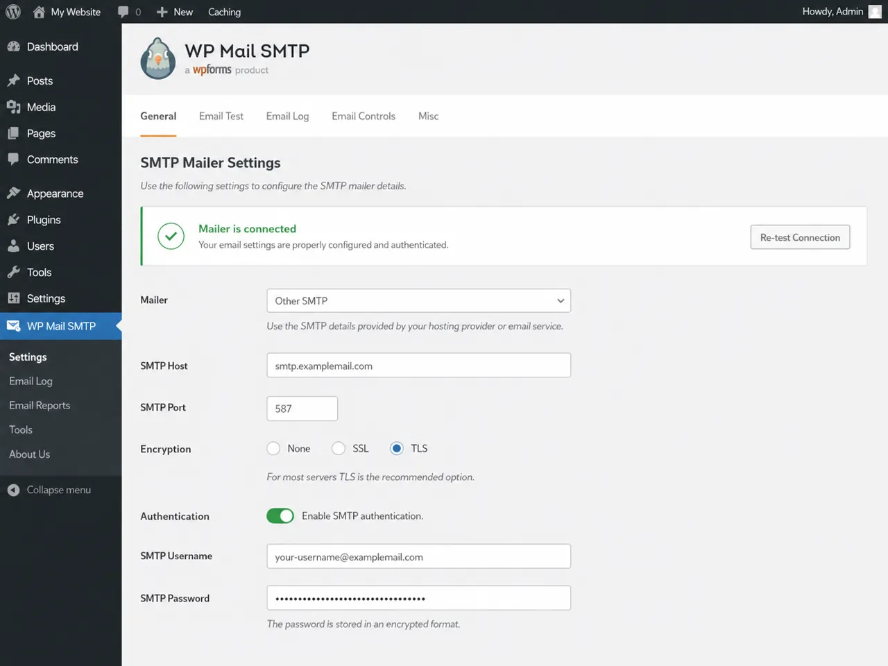 WP Mail SMTP connected mailer settings